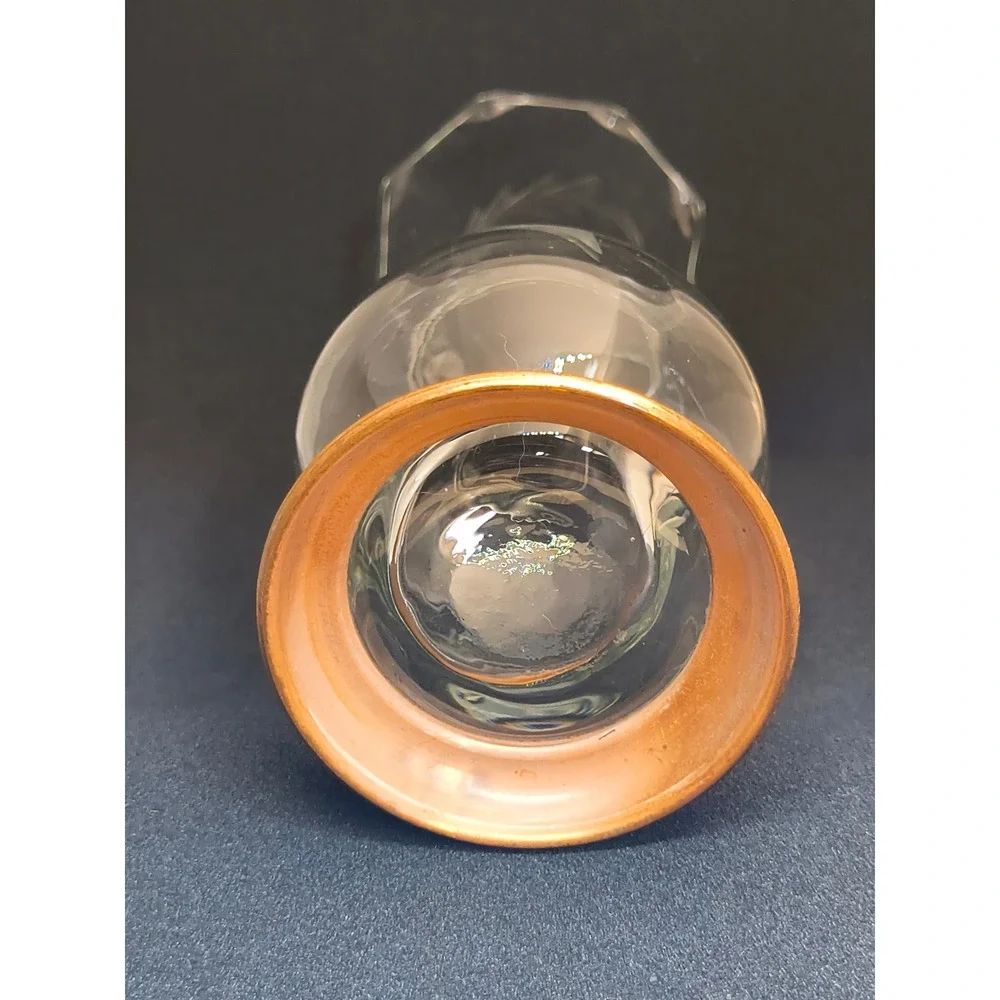Vintage Princess House Etched Wheat Glass Bud Vase Copper Base Ruffled Rim